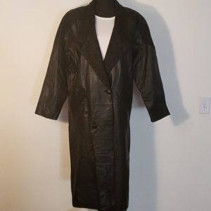 Long, Genuine Black Leather Coat, Size Large, EUC